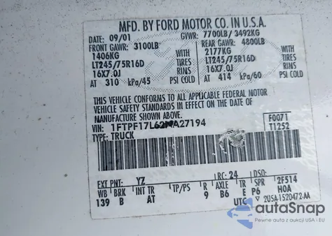 2002 Ford F-150 Xl/Xlt z USA, uszkodzony, nr VIN 1FTPF17L62NA27194